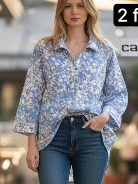 Cathy Daniels Cornflower Blue Floral Button Down Roll Sleeve Blouse